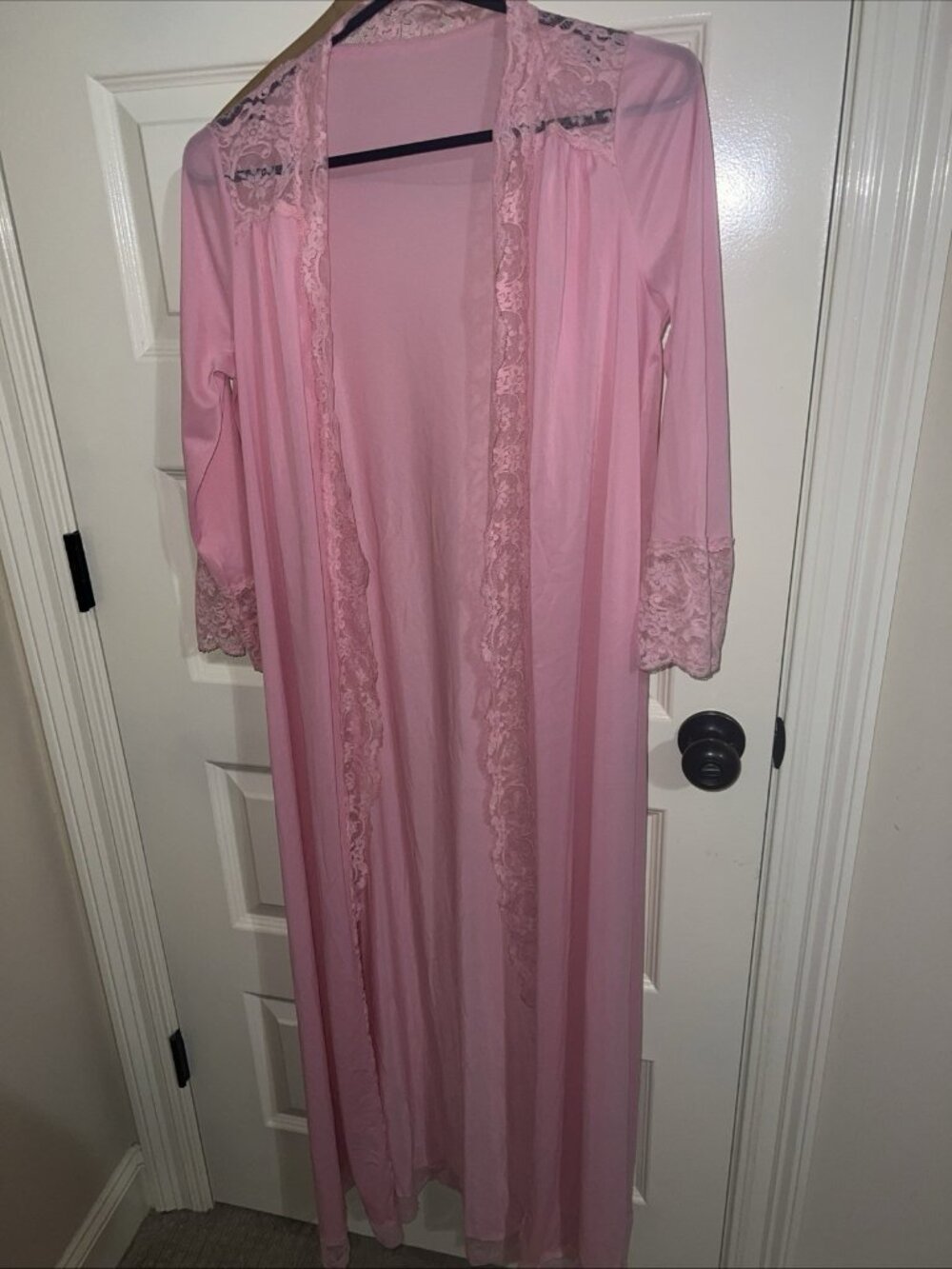 Vintage 1970s Olga Open Front Peignoir Robe Nylon Pink Lace Trim Size Petite